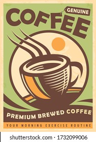 Premium brewed coffee retro ad design layout with coffee cup and fields  in background. Green flyer for hot drink. Vector illustration.