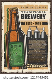 Premium brewery or beer production factory retro poster for brewing company. Vector vintage design of traditional beer bottle with hop leaf, malt and quality star