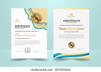 Premium Bridge and Blue Certificate Template Design with Purple Ornament. Vector Illustration