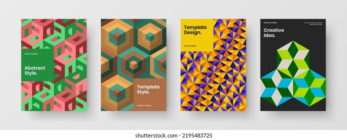 Premium brochure design vector illustration set. Vivid mosaic pattern placard template composition.