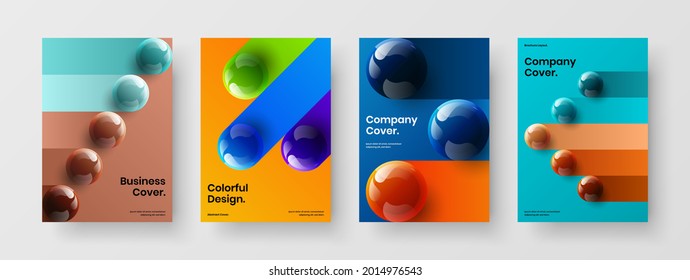 Premium brochure vector design concept set. Clean 3D spheres annual report illustration composition.