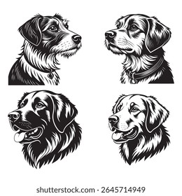 A premium bundle of 200 black dog head vector illustrations featuring a wide variety of breeds, silhouettes, line art, and stylized canine portraits. Includes front-facing and side profiles, perfect f
