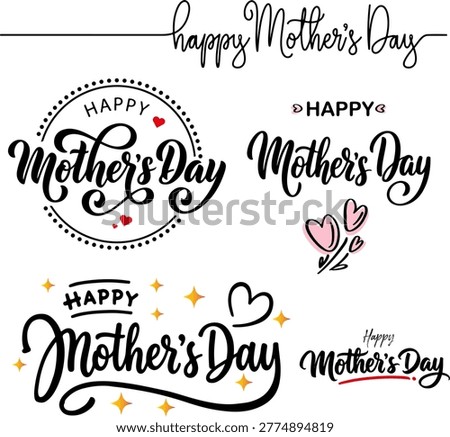 Premium bundle of 5 Happy Mother's Day calligraphy designs. Includes minimalist, circular, and sparkle styles. Perfect for cards, posters, and gifts. Vector EPS, JPG, and transparent PNG files included.