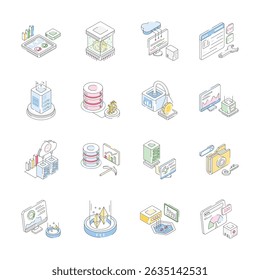 Premium bundle of isometric icons showing data technology concepts