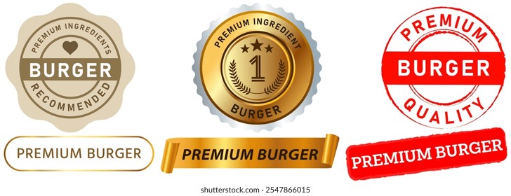 Premium Hamburguesas de alta calidad ingredientes frescos Restaurante Tienda Comida Comida Comida Carne de res Sello Insignias de colores Emblema Etiqueta engomada Cinta Anuncio Diseño Icono Set colección