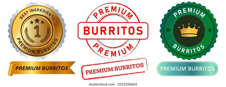 Premium Burritos Lateinamerika Küche authentische beste Qualität Essen Gericht Vorspeise Restaurant Menü Briefmarke bunte Abzeichen Emblem Aufkleber Etikett Banner Band Siegel Design Icon Set Sammlung