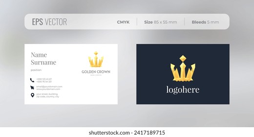Premium business card design template, ready for print file and realistic preview. Visiting card with orange crown logo on dark blue background for bank or financial company