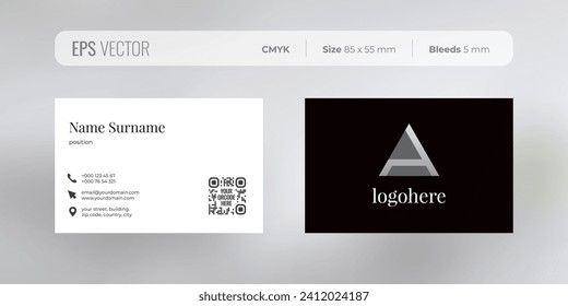 Premium business card template, black and white colors, 2 sides, minimal style and icons