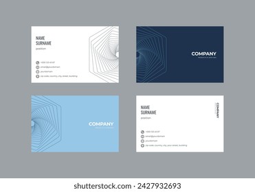 Premium business card template with colored blue and gray background and geometric lines, icons for contact information