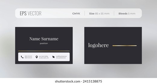 Premium business card template with icons for contact information and dark blue background