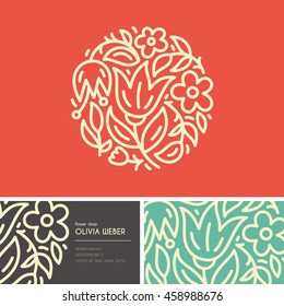 Premium business identity set with logo, business card design for flower shop, organic cosmetics, bridal boutique, beauty salon. Unique line style design with tulips and leaves. 