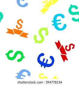 Premium Business Ribbon vector repeatable pattern with dollar and euro currency symbols. Style is flat colored icons on a white background.