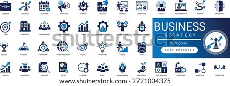 Premium business strategy solid icon set featuring corporate planning, management, and success vision. High-quality editable vector elements for leadership and marketing projects