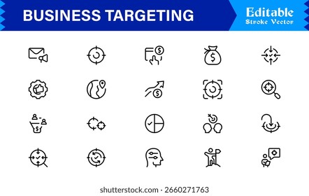 Premium Business Targeting Line Icon Set Featuring Modern Minimal Achievement Symbols and Professional Vector Elements for High-Impact Visuals and Unique Branding