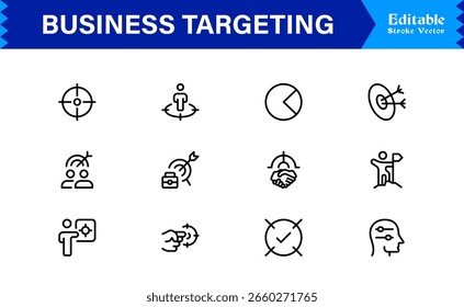 Premium Business Targeting Line Icon Set Featuring Modern Minimal Achievement Symbols and Professional Vector Elements for High-Impact Visuals and Unique Branding