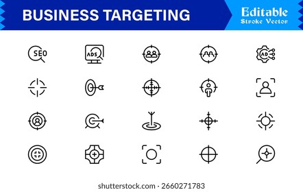 Premium Business Targeting Line Icon Set Featuring Modern Minimal Achievement Symbols and Professional Vector Elements for High-Impact Visuals and Unique Branding