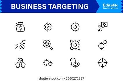 Premium Business Targeting Line Icon Set Featuring Modern Minimal Achievement Symbols and Professional Vector Elements for High-Impact Visuals and Unique Branding