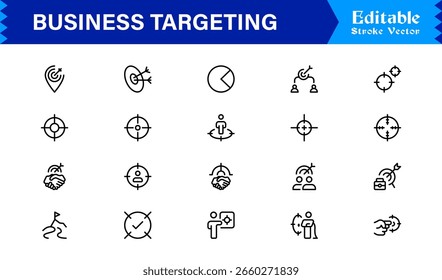 Premium Business Targeting Line Icon Set Featuring Modern Minimal Achievement Symbols and Professional Vector Elements for High-Impact Visuals and Unique Branding