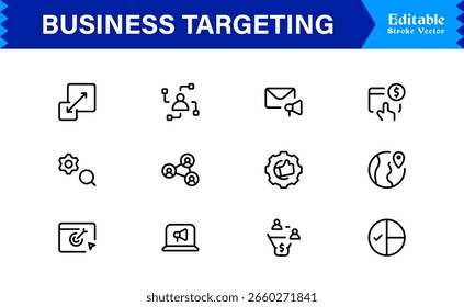 Premium Business Targeting Line Icon Set Featuring Modern Minimal Achievement Symbols and Professional Vector Elements for High-Impact Visuals and Unique Branding