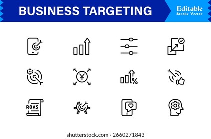 Premium Business Targeting Line Icon Set Featuring Modern Minimal Achievement Symbols and Professional Vector Elements for High-Impact Visuals and Unique Branding