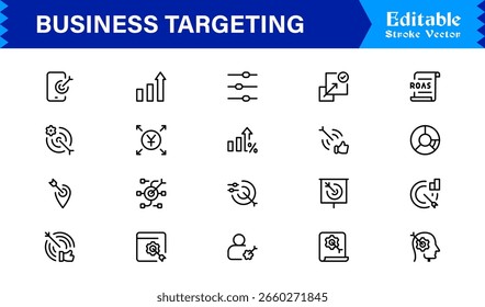Premium Business Targeting Line Icon Set Featuring Modern Minimal Achievement Symbols and Professional Vector Elements for High-Impact Visuals and Unique Branding