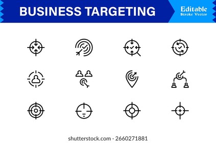 Premium Business Targeting Line Icon Set Featuring Modern Minimal Achievement Symbols and Professional Vector Elements for High-Impact Visuals and Unique Branding