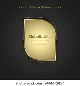 Una infografía de Botón premium, ícono dorado sobre fondo degradado oscuro, una etiqueta premium de oro, placa de nombre dorado. Ilustración vectorial