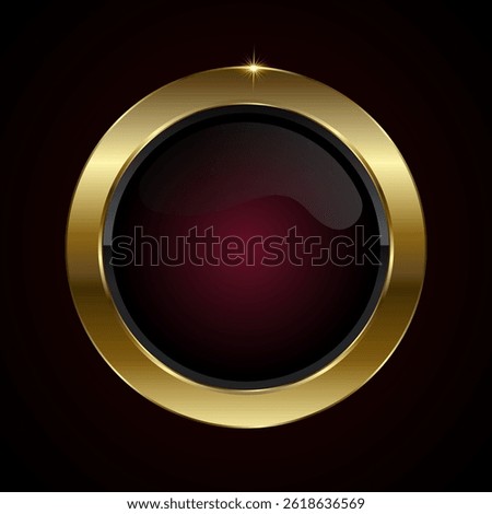 A premium button vector design, a Luxury button with a deep maroon center, encased in a shining gold rim. Vector 3D realistic shiny symbol, vector illustration