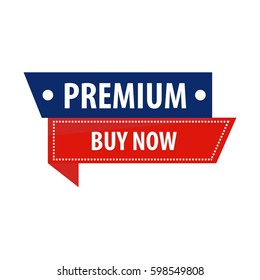 Premium buy now sale promotion banner vector illustration. Your text can be here. Bright advertising signboard isolated on white background. Label design in blue and red colors, commercial tag