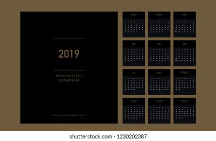 Premium Calendar Minimalist Planner 2019 years Gold Color. Simple minimal wall type or desktop calendar golden template. Week starts from sunday. vector illustrator