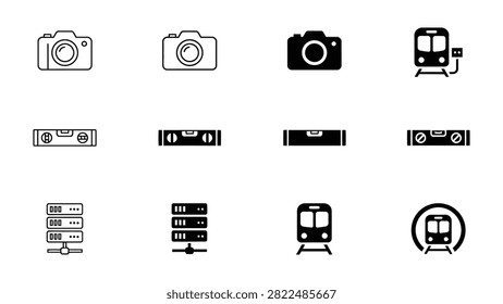 Premium Camera and level tool and server and train icons isolated on white background Vector Icon