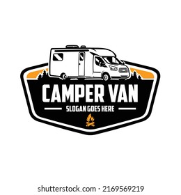 Premium Campervan Emblem Logo. Ready Made Motorhome RV Caravan Template Logo. Best for Campervan Related Industry