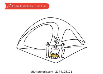 Premium camping symbol - Line icon. One continuous line drawing of tent and fire pit. Vector illustration of cooking activities while camping. Camping lover icon.