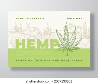 Premium Cannabis Label Template. Abstract Vector Packaging Design Layout. Modern Typography Banner with Hand Drawn Hemp Leaf Plant and Rural Landscape Background. Isolated.