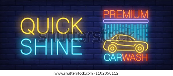 Premium car wash neon sign. Automobile\
under shower and bright inscription on brick wall. Vector\
illustration in neon style for cleaning service\
company