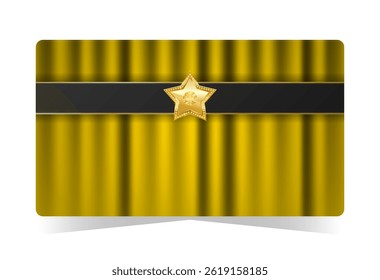 Premium card with golden star and gold yellow draped curtains. Vector illustration for theatre, club, cinema, casino