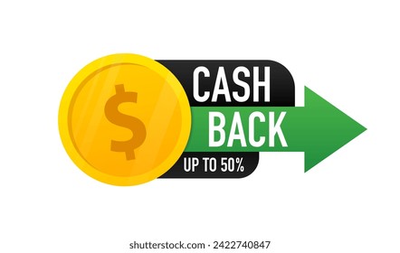 Premium Cash Back Banner Bubble. Web Element Label. Online shopping partner program. Money economy service. Gold dollar coins. Vector illustration