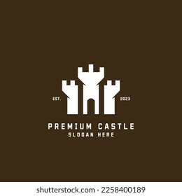 Premium Castle Kingdom Fort brick silhouette logo design illustration. Simple monogram geometric ancient vintage retro unique creative symbol icon vector idea. Modern color minimalist shape