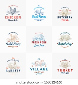 Premium Cattle and Poultry Farm Retro Badges or Logo Templates Set. Hand Drawn Domestic Animals and Farm Landscapes Sketches with Retro Typography. Vintage Emblems Bundle. Isolated.