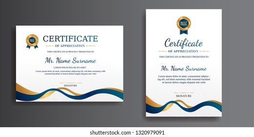 Premium certificate of achievement template, gold and blue color. Clean modern certificate with gold badge. Certificate template with luxury and modern pattern. Diploma vector template