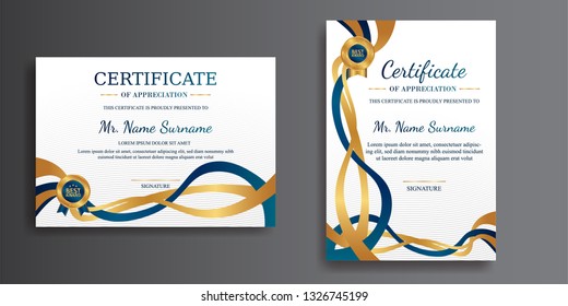 Premium certificate of achievement template, gold and blue color. Clean modern certificate with gold badge. Certificate template with luxury and modern line pattern. Diploma vector template