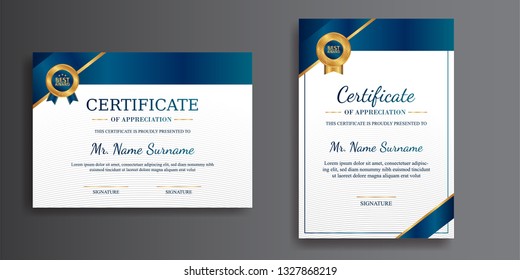 Premium certificate of achievement template, gold and blue color. Clean modern certificate with gold badge. Certificate template with luxury and modern line pattern. Diploma vector template