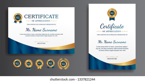 Premium certificate of achievement template, gold and blue color. Clean modern certificate with gold badge. Certificate border template with luxury and modern line pattern. Diploma vector template