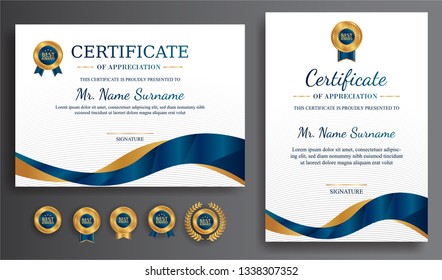 Premium certificate of achievement template, gold and blue color. Clean modern certificate with gold badge. Certificate border template with luxury and modern line pattern. Diploma vector template