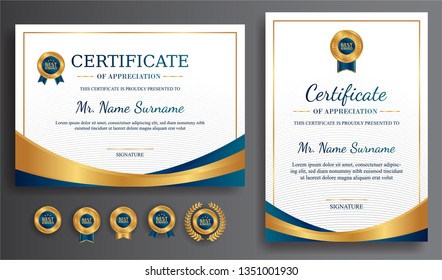 Premium certificate of achievement template, gold and blue color. Clean modern certificate with gold badge. Certificate border template with luxury and modern line pattern. Diploma vector template