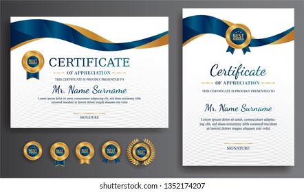 Premium certificate of achievement template, gold and blue color. Clean modern certificate with gold badge. Certificate border template with luxury and modern line pattern. Diploma vector template