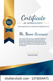 Premium certificate of achievement template, gold and blue color. Clean modern certificate with gold badge. Certificate border template with luxury and modern line pattern. Diploma vector template