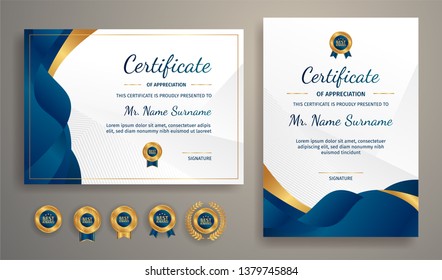 Premium certificate of achievement template, gold and blue color. Clean modern certificate with gold badge. Certificate border template with luxury and modern line pattern. Diploma vector template