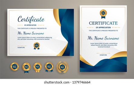 Premium certificate of achievement template, gold and blue color. Clean modern certificate with gold badge. Certificate border template with luxury and modern line pattern. Diploma vector template