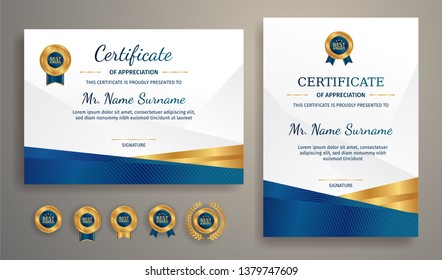 Premium certificate of achievement template, gold and blue color. Clean modern certificate with gold badge. Certificate border template with luxury and modern line pattern. Diploma vector template